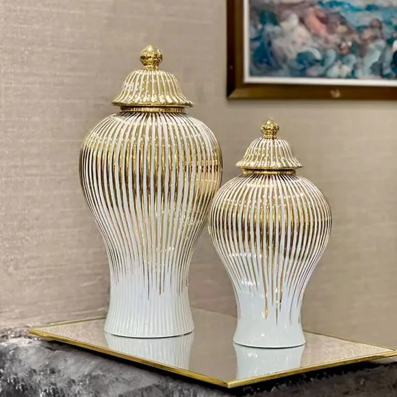 β¨ Regale White Vase Set πΊ with Gold Detailing β Elegant Ginger Jars (Set of 2)