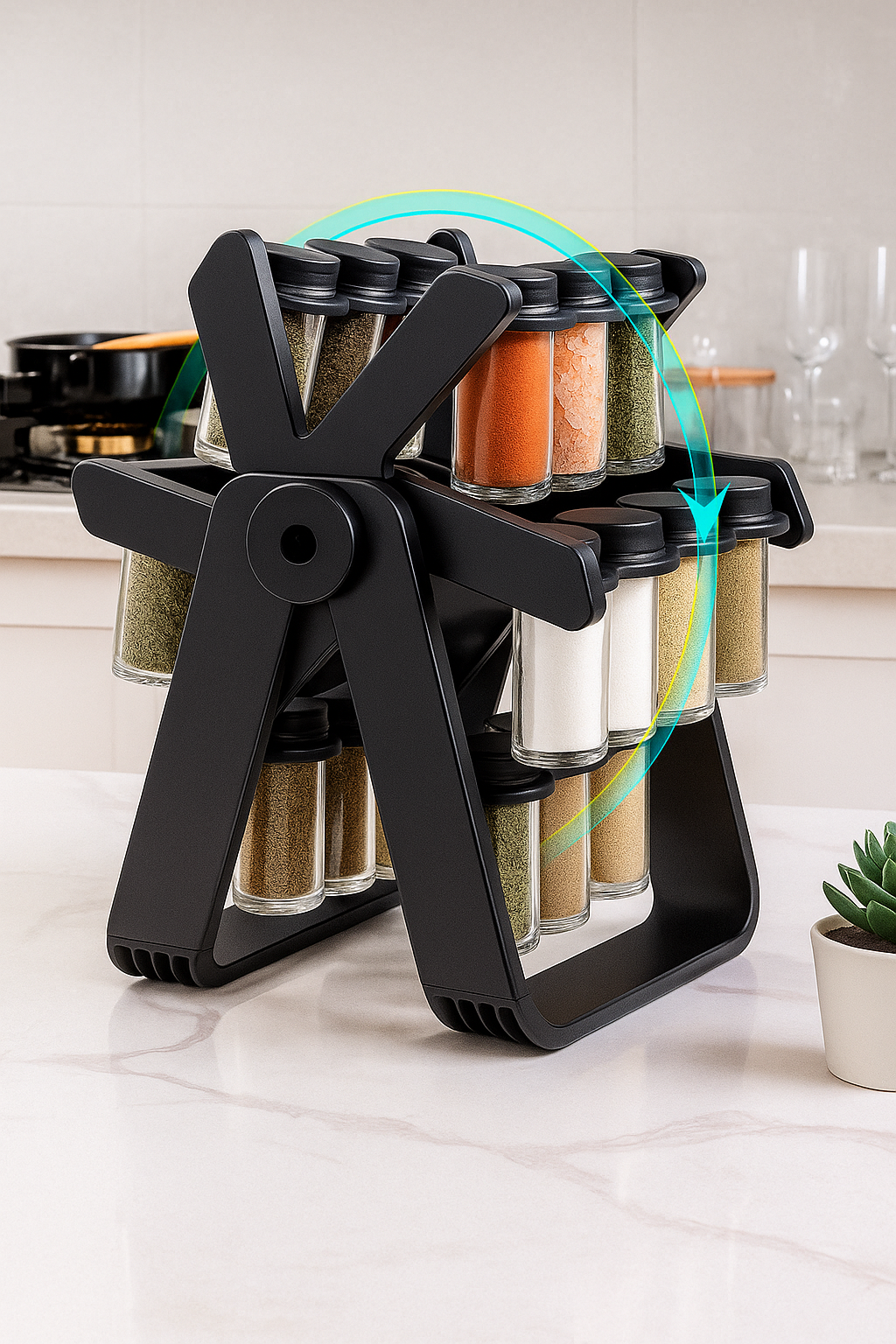 Ferris Wheel Rotating Spice Rack with 18 Glass Jars (100ml) β Space-Saving Kitchen Organizer