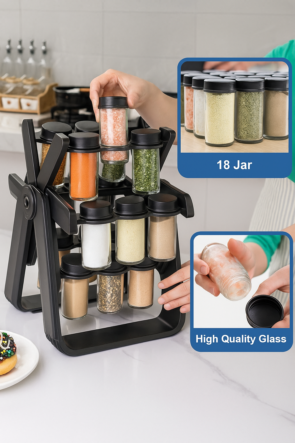 Ferris Wheel Rotating Spice Rack with 18 Glass Jars (100ml) β Space-Saving Kitchen Organizer