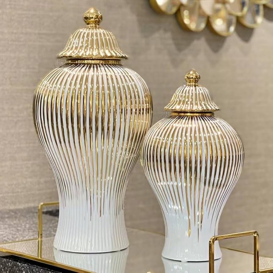 β¨ Regale White Vase Set πΊ with Gold Detailing β Elegant Ginger Jars (Set of 2)