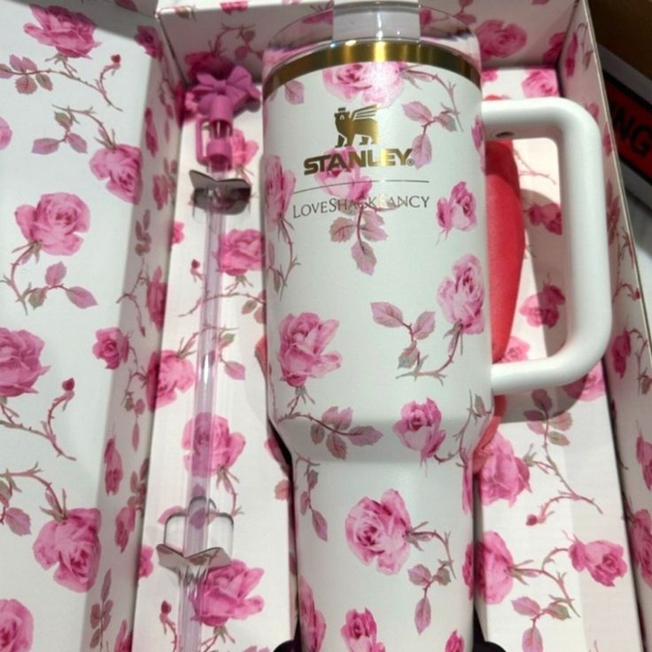 Pink Floral Stainless Steel Tumbler – 40oz Insulated with Handle & Straw