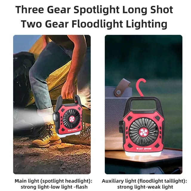 Rechargeable Camping Desk Fan with LED Light & Handle – Portable Tent Fan