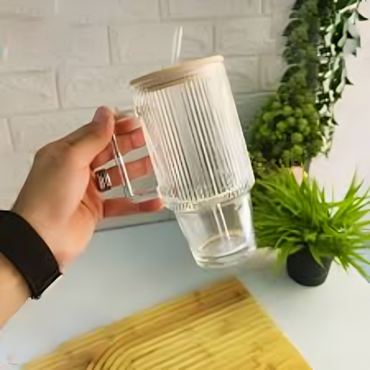 π Iridescent Glass Sipper with Wooden Lid & Straw β Elegant Textured Design