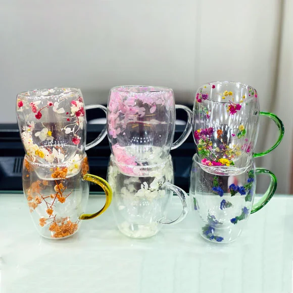 πΈ Real Flower Double-Wall Glass Cups β 350ml | Pack of 6