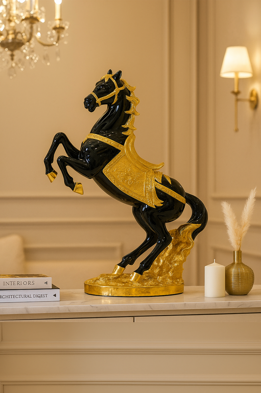 Porcelain Horse Statue – Luxury Golden & Black Ornament (2 Feet)