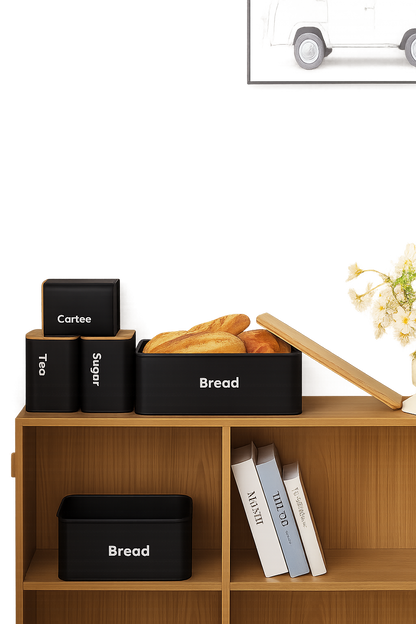 Bread Box with Sugar, Tea & Coffee Containers – 4 Piece Kitchen Storage Set
