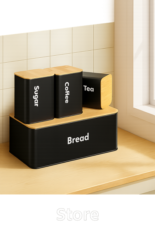 Bread Box with Sugar, Tea & Coffee Containers – 4 Piece Kitchen Storage Set