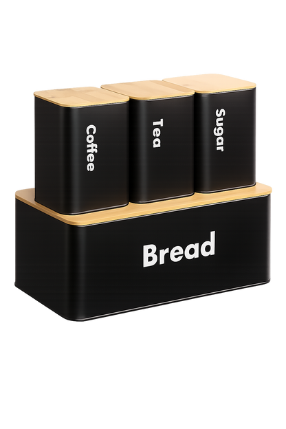 Bread Box with Sugar, Tea & Coffee Containers – 4 Piece Kitchen Storage Set
