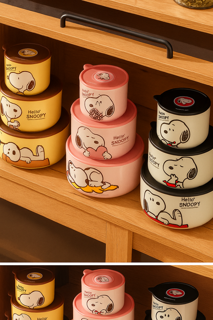 Snoopy Bowl Three Piece Set Crisper Box Child Cartoon Snoopy Ceramics Fresh Bowl with Lid Suit Girl Tableware Lunch Box Gift Box