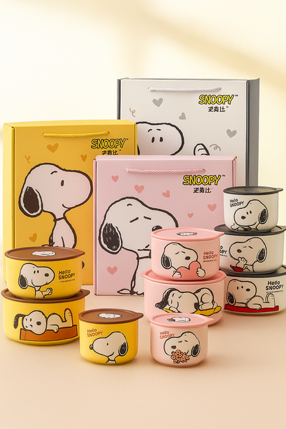 Snoopy Bowl Three Piece Set Crisper Box Child Cartoon Snoopy Ceramics Fresh Bowl with Lid Suit Girl Tableware Lunch Box Gift Box
