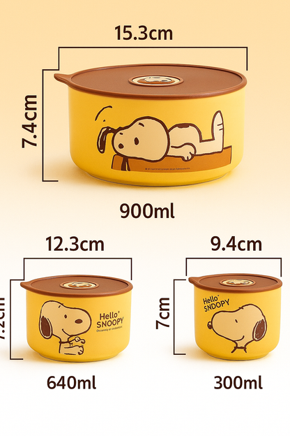 Snoopy Bowl Three Piece Set Crisper Box Child Cartoon Snoopy Ceramics Fresh Bowl with Lid Suit Girl Tableware Lunch Box Gift Box