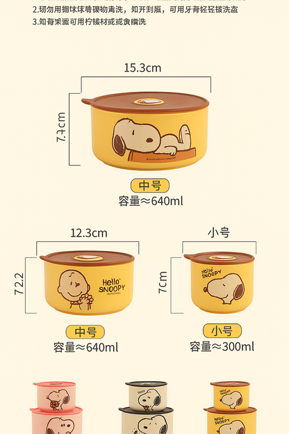 Snoopy Bowl Three Piece Set Crisper Box Child Cartoon Snoopy Ceramics Fresh Bowl with Lid Suit Girl Tableware Lunch Box Gift Box