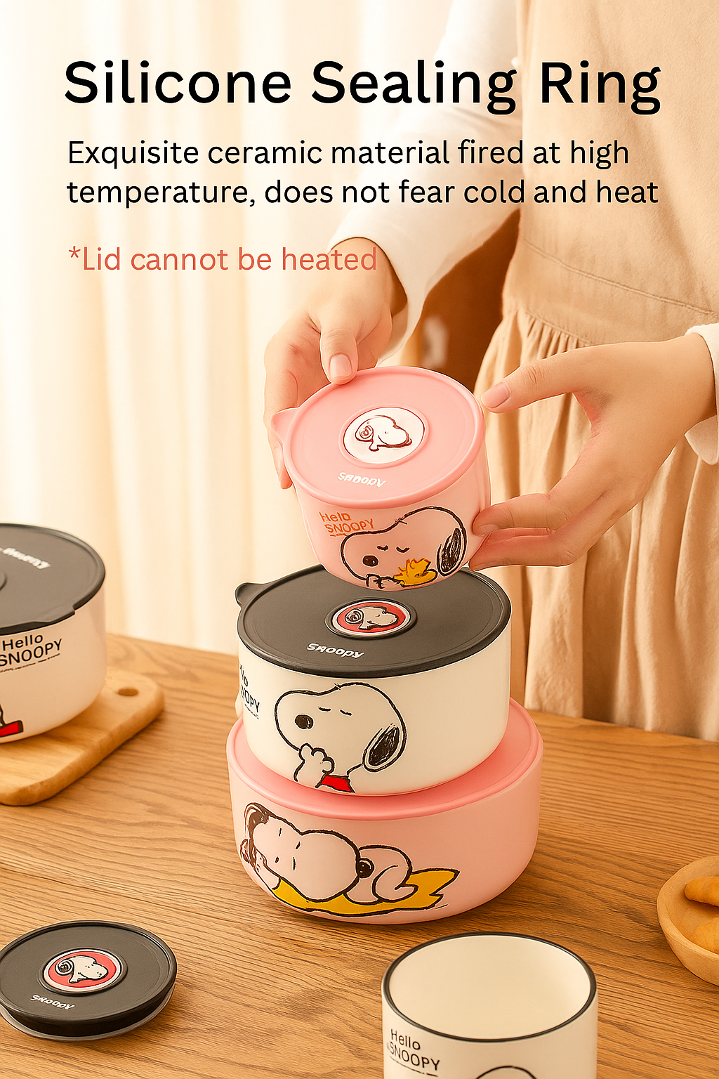 Snoopy Bowl Three Piece Set Crisper Box Child Cartoon Snoopy Ceramics Fresh Bowl with Lid Suit Girl Tableware Lunch Box Gift Box