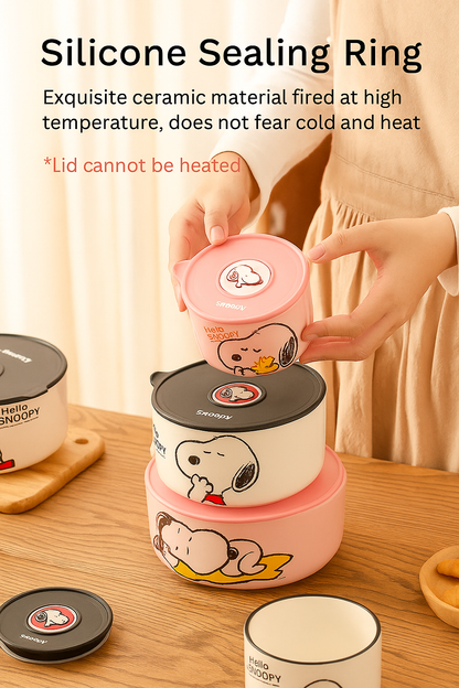 Snoopy Bowl Three Piece Set Crisper Box Child Cartoon Snoopy Ceramics Fresh Bowl with Lid Suit Girl Tableware Lunch Box Gift Box
