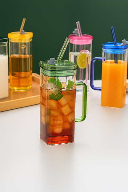 🍃 Vintage Vibes Glass Sipper – Green Lid & Handle | Retro Charm Meets Modern Use