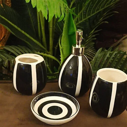 Piece Black &amp; White Stripe Ceramic Bath Set