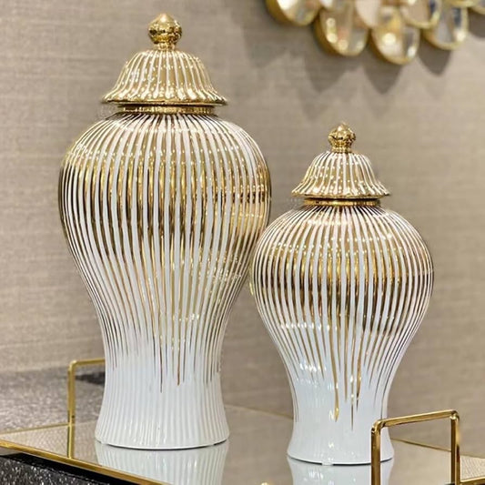 ✨ Regale White Vase Set 🏺 with Gold Detailing – Elegant Ginger Jars (Set of 2)