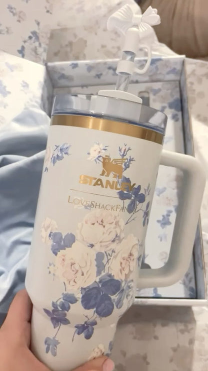 Blue Floral Stainless Steel Tumbler – 40oz Insulated with Handle & Straw