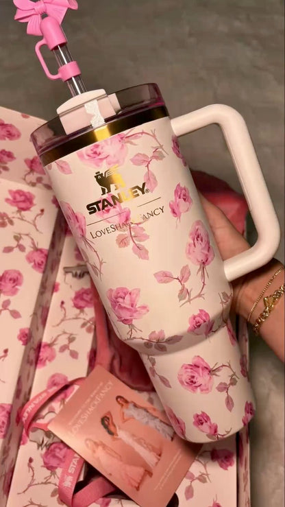 Pink Floral Stainless Steel Tumbler – 40oz Insulated with Handle & Straw