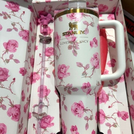Pink Floral Stainless Steel Tumbler – 40oz Insulated with Handle & Straw