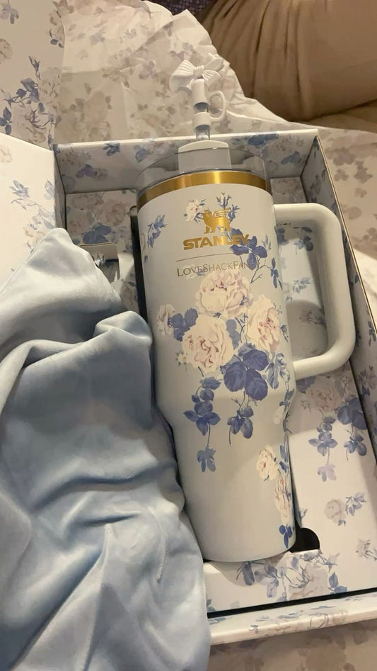 Blue Floral Stainless Steel Tumbler – 40oz Insulated with Handle & Straw