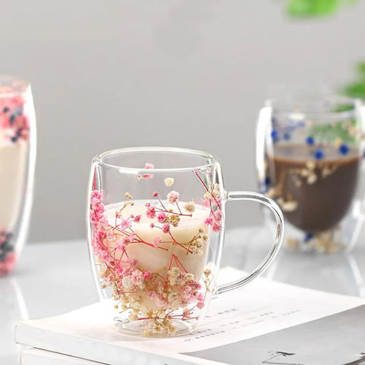 🌸 Real Flower Double-Wall Glass Cups – 350ml | Pack of 6