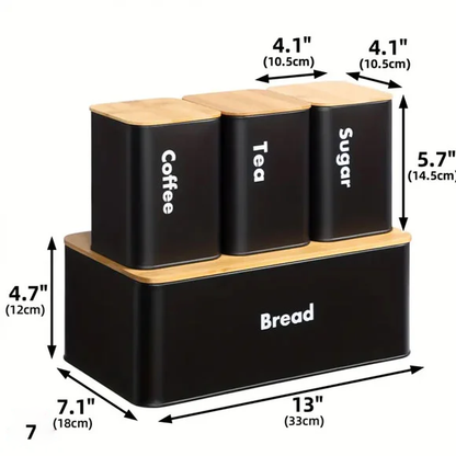 Bread Box with Sugar, Tea & Coffee Containers – 4 Piece Kitchen Storage Set