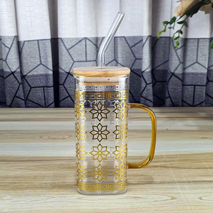 Golden Classic Straw Glass Juice Mug – 1 Pc | Elegant Reusable Drinkwarev