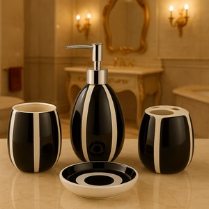 Piece Black &amp; White Stripe Ceramic Bath Set