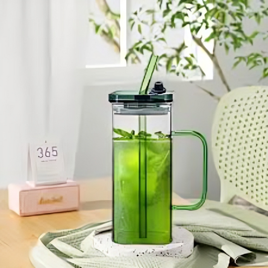 🍃 Vintage Vibes Glass Sipper – Green Lid & Handle | Retro Charm Meets Modern Use